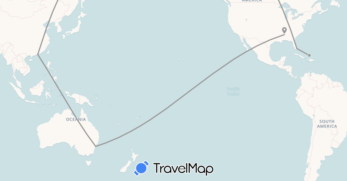 TravelMap itinerary: driving, plane in Australia, China, Turks and Caicos Islands, United States (Asia, North America, Oceania)